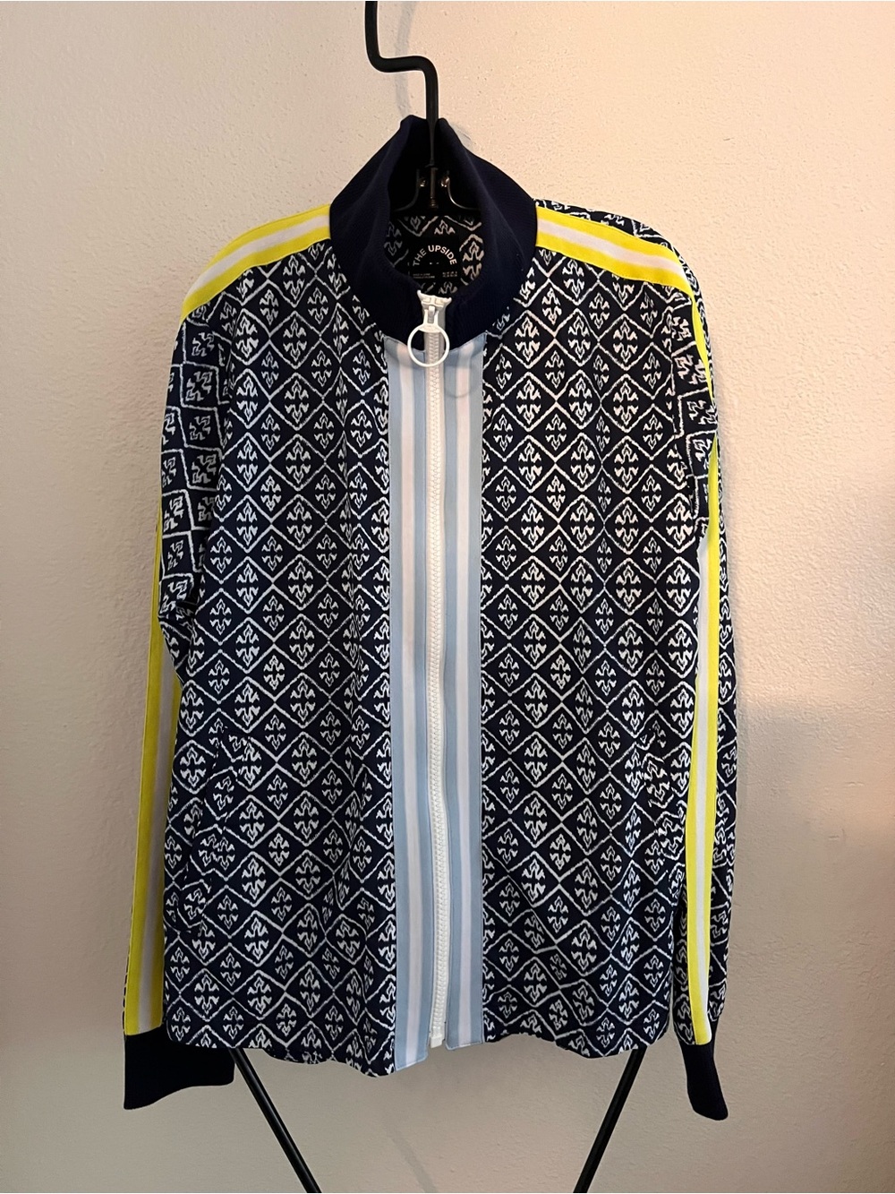 NWT The Upside Navy and White Geometric Jacket with Neon Yellow Accents